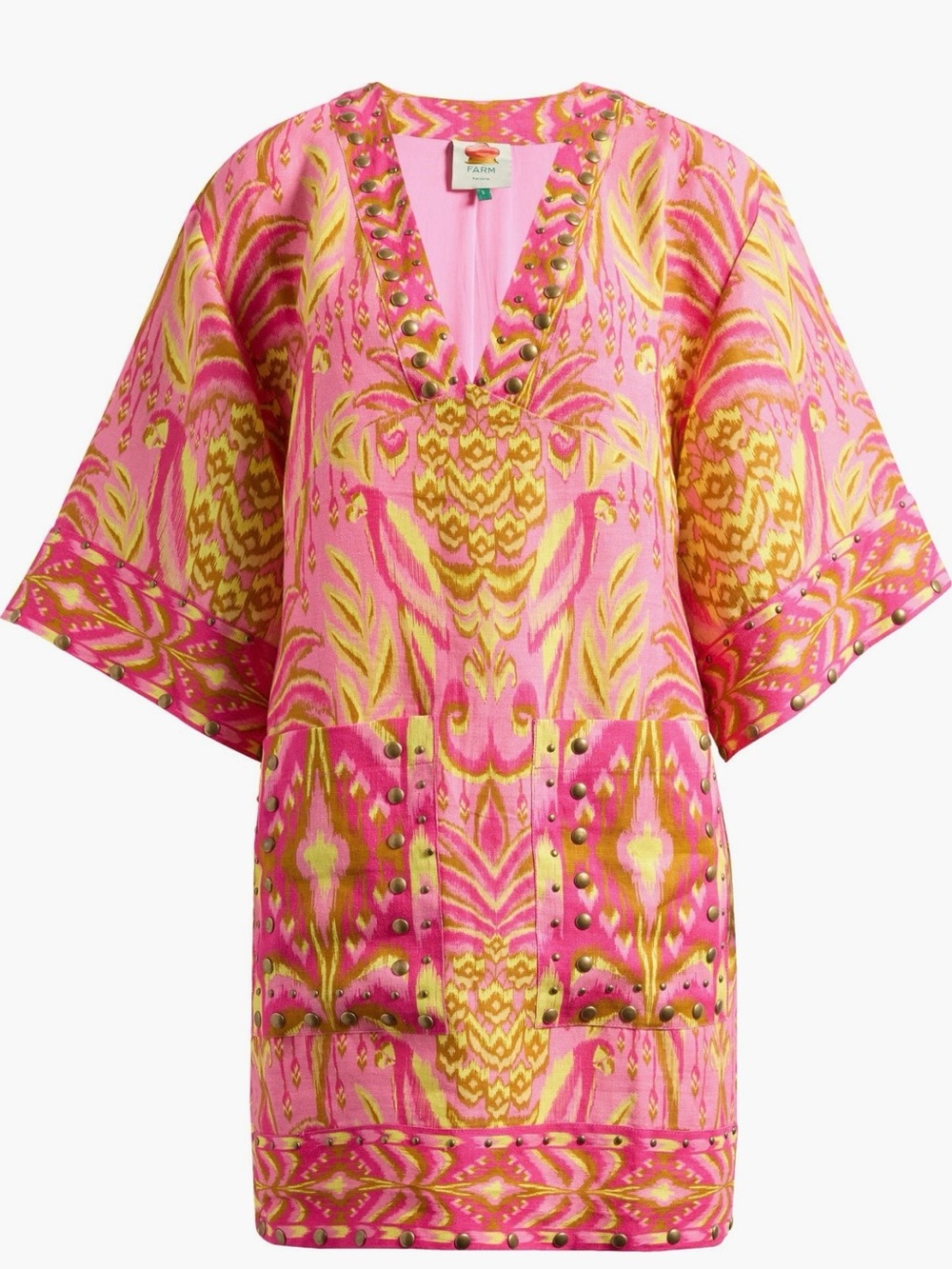 FARM Rio Pink and Yellow Pineapple Tapestry Stud-Embellished Ikat Shift Dress